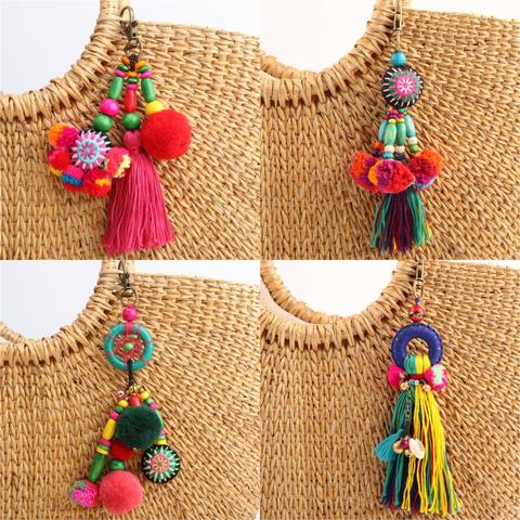 1pc Flower Charms Keychains Wooden Beads With Pompom Keyring Colorful Jewelry Boho Style ► Photo 1/6