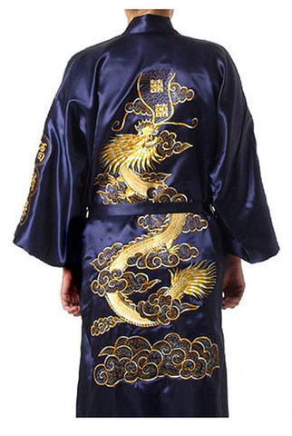 Navy Blue Traditional Chinese Men's Satin Silk Robe Embroidery Dragon Kimono Bath Gown Nightwear S M L XL XXL XXXL MR024 ► Photo 1/5