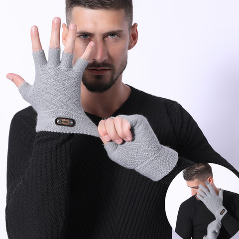 Fashion Winter Acrylic Wool Plus Plush Thick Jacquard Knit Warm Half Finger Mittens Men Full Finger Touch Screen Gloves C2 ► Photo 1/5