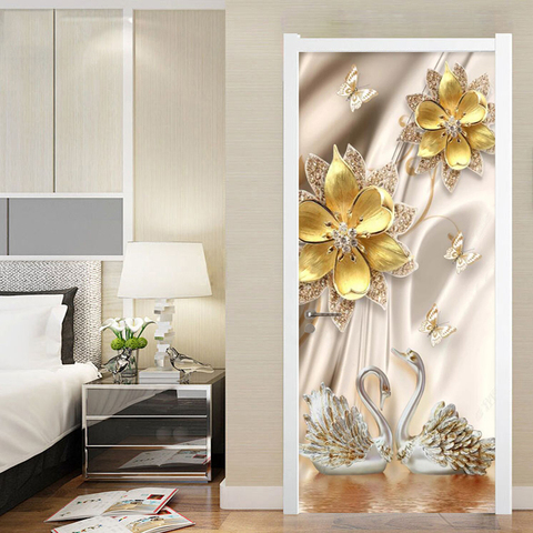 European Style Door Sticker 3D Flowers Swan Luxury Wallpaper Bedroom Hotel Home Door Decals 3D Paste PVC Self-Adhesive Stickers ► Photo 1/6