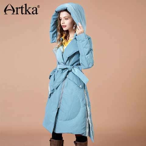 ARTKA 2022 Autumn and Winter New Solid Thick Cloak 90% White Duck Down Coat Sashes Letter Print Pocket Hooded Outwear YK10383D ► Photo 1/1