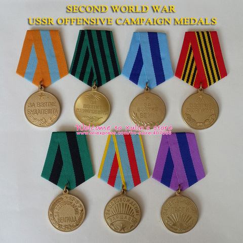 XDT0022 7 Pieces Different Kinds WWII Soviet Union Full Set Offensive Campaign Medals 32mm Circular Brass Medal with 24mm Ribbon ► Photo 1/2