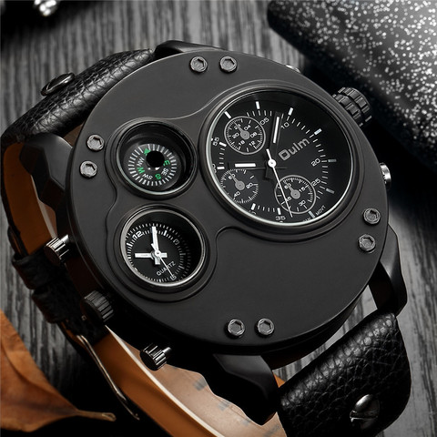 Oulm Fashion Men's Watches Black Leather Dual Time Zone Wristwatch Male Quartz Big Size Luxury Military Watch Dropshipping ► Photo 1/6