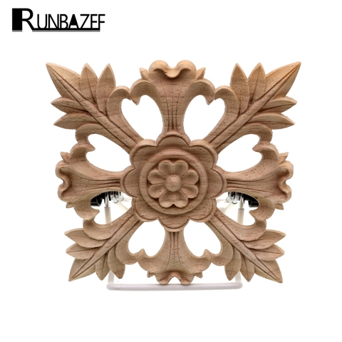 RUNBAZEF Wood Color Not Painted Wooden Home Decoration Accessories Loud Carving Square Wall Decorative Flower Craft Miniature ► Photo 1/6