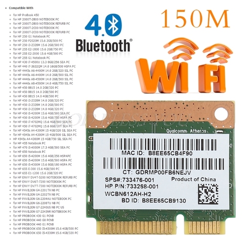 802.11b/g/n WiFi Bluetooth 4.0 Wireless Half Mini PCI-E Card For HP Atheros QCWB335 AR9565 SPS 690019-001 733476-001 ► Photo 1/6
