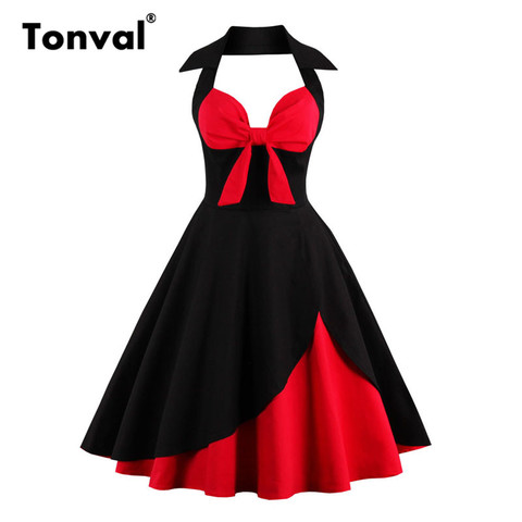 Tonval Red and Black Sexy Knot V-Neck Halter Party Vintage Dress Women Pin Up Fit and Flare Layered Elegant Midi Dresses ► Photo 1/6