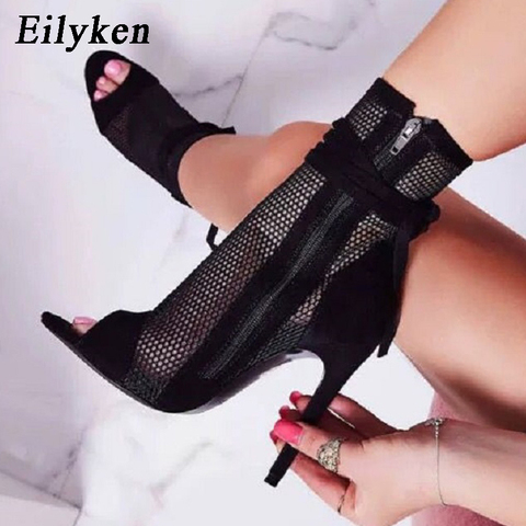 Eilyken Summer Zipper Boots Sandals Black Mesh Sexy Peep Toe Lace Up Women Shoes High Heel 11.5CM Thin Heel Ladies Boots ► Photo 1/6