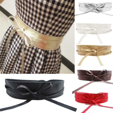 Female Belt Soft Leather Wide Self Bow Knot Tie Wrap Around Waist Band Dress Belt 9 Colors ► Photo 1/6