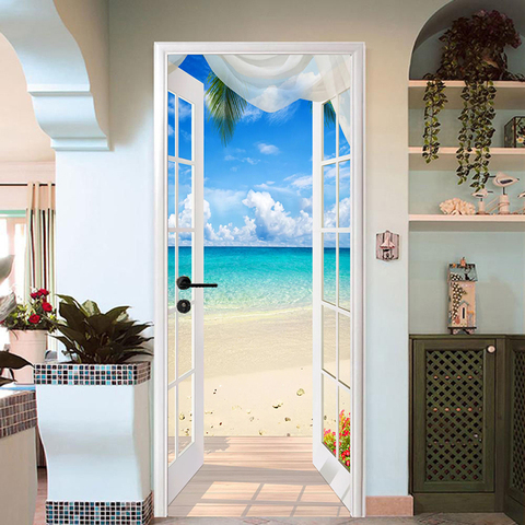 Photo Wallpaper 3D Seaside Landscape Door Sticker Living Room Hotel Restaurant Background Wall Sticker PVC Waterproof Wall Paper ► Photo 1/1