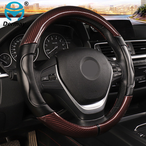 Luxury Car Steering Wheel Cover Non-slip Soft Leather + Carbon Fibre Universal M Size Fit Standard Steering Wheel 37-38cm ► Photo 1/6