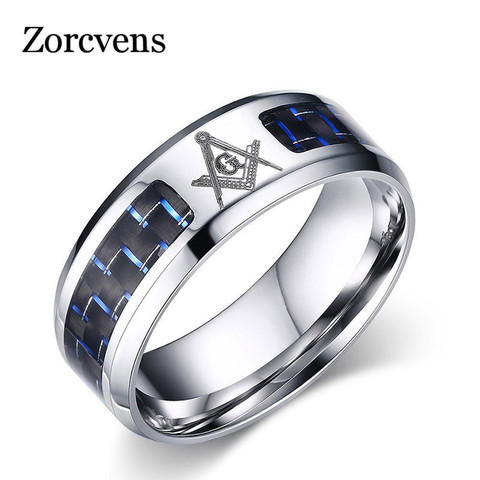 ZORCVENS Cool Blue Carbon Fiber Inlay Masonic Rings For Men Stainless Steel Wedding Ring ► Photo 1/6