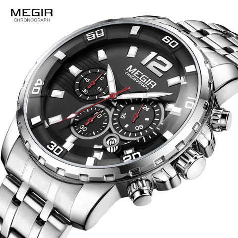 Megir Men's Chronograph Quartz Watches Stainless Steel Analogue Wristwatch for Man 24-hour Display Waterproof Luminous 2068G-1 ► Photo 1/6