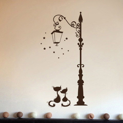 Cats under the street light Wall Stickers romantic Background for home decoration Mural Wallpaper Art Decals Love cat sticker ► Photo 1/6