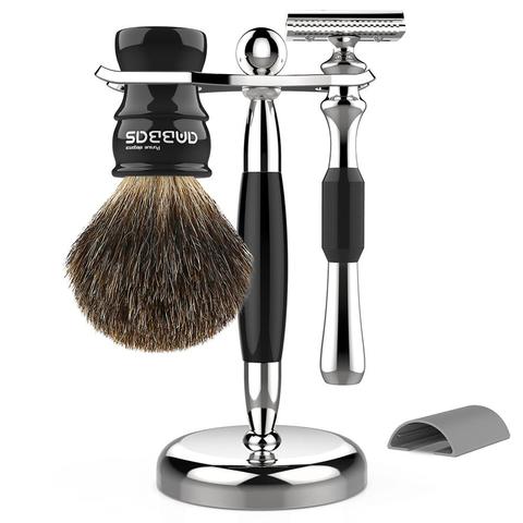 Black Badger Hair Shaving Brush Set, 3in1 Razor and Brush Stand Stainless Steel,Double Edge Safety Razor with Protective Cover ► Photo 1/1