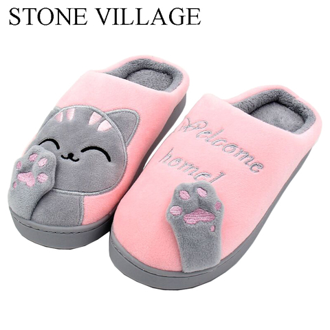 Cat Animal Prints Cute Home Slippers Short Plush Warm Soft Cotton Women Slippers Loves Floor Indoor Shoes Women Large Size 45 ► Photo 1/6