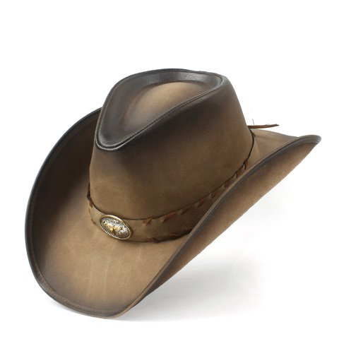 100% Leather Men Western Cowboy Hat For Gentleman Dad Fedora Sombrero Hombre Caps Size 58-59CM ► Photo 1/6