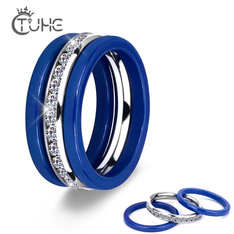 3pcs/Set 2017 Hot Blue Ceramic Rings Stainless Steel Ceramic Three Lines Wedding Rings With Crystal Accessories Zircon Jewelry ► Photo 1/6