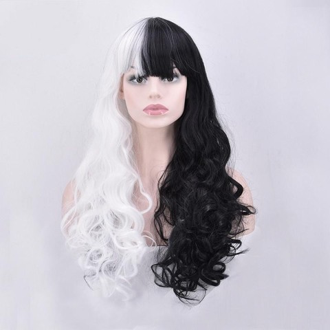 Morematch Danganronpa Monokuma Women Long Curly Wig Cosplay Costume White Black Mix Heat Resistant Synthetic Hair Party Wigs ► Photo 1/4