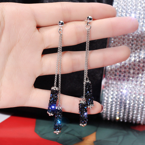 Korean fashion high-end creative blue crystal tassels earrings temperament long geometric pendant earrings ► Photo 1/2