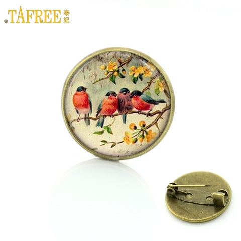 TAFREE Cute Bird Vintage Brooch for Woman Glass Cabochon Dome art picture pins Badge for Suit Sweater carves Animal Jewelry BP01 ► Photo 1/6