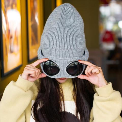 Women Caps Windproof Glasses Hat Wool Winter Fashion Gorros Cap Fixing Stacking Knitted Hats Women Personality Ski Cap ► Photo 1/6