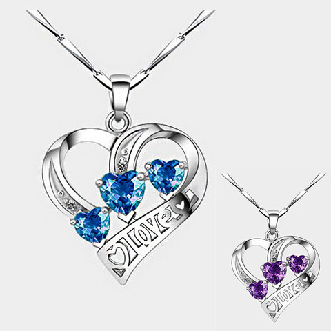 Simple Three Heart Pendant Necklace For Women Silver plated Blue Exquisite crystal Necklaces & Pendants Silver color Jewelry ► Photo 1/6