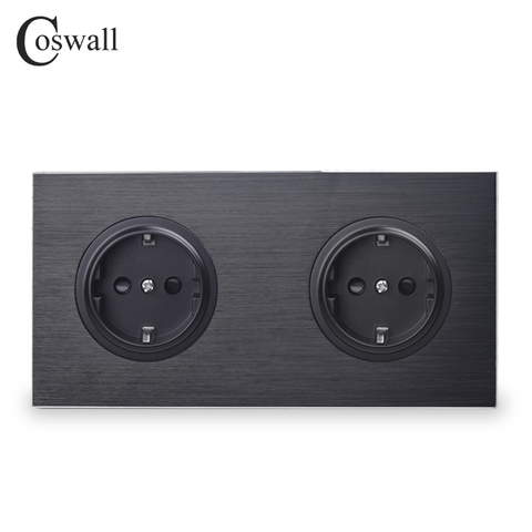 Coswall Brushed Black / Silver Grey Aluminum Metal Panel Double EU Russia Wall Socket Grounded With Children Protective Door ► Photo 1/5