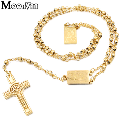 Moorvan 4mm,66cm long gold color men rosary bead necklace Stainless steel Religion of Jesus ,women cross jewelry, 2 colors ► Photo 1/5