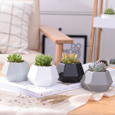 Hexagon Ceramic Planters Set - 4pcs Matt Porcelain Flowerpot Mini Geometric Succulent Plant Pots Flower Pot Bonsai Planters ► Photo 1/1