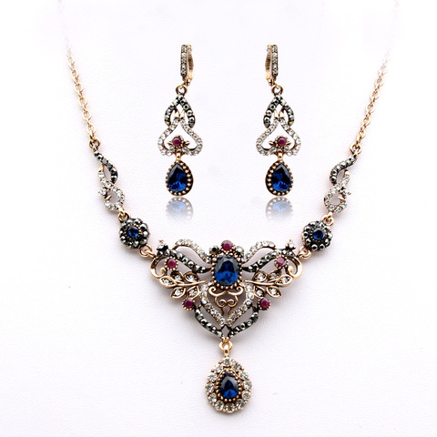 Sunspicems Turkish Women Drop Earrings Necklace Set Resin Flower Wedding Jewelry Full Rhinestone Retro Gold Color Bridal Gift ► Photo 1/6