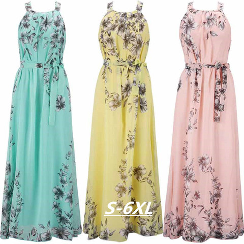 Plus Size S-6XL 2022 Summer Women's Long Dresses Beach Floral Print Chiffon Boho Maxi Dress With Sashes Sling Sleeveless Female ► Photo 1/6