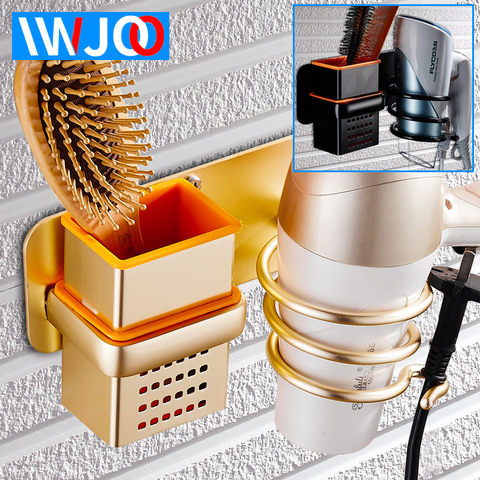 Bathroom Hair Dryer Holder Wall Mounted Rack Save Space Aluminum Multipurpose Toilet Shelf Comb Storage Gold Alitools - Wall Mount Hair Dryer Holder Gold