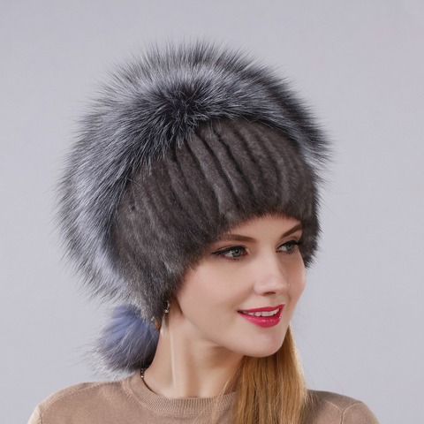 New Design Fashion Hat Real Natural Mink Fur Hat With Silver Fox Fur Cap For Women With Hanging Chain In The Back And Fur Balls ► Photo 1/6
