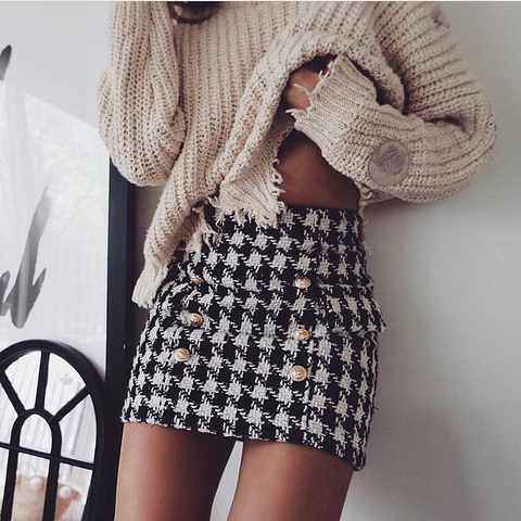 HIGH STREET New Fashion 2022 Runway Designer Skirt Women's Lion Buttons Double Breasted Tweed Wool Houndstooth Mini Skirt ► Photo 1/6