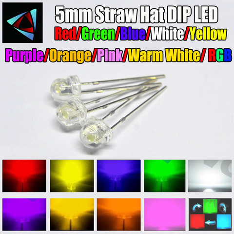 50pcs 5mm 4.8mm Straw Hat Clear Warm White Green Red Blue Purple Yellow Orange Pink RGB DIY Light Emitting Diode Set ► Photo 1/1