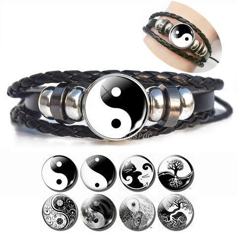 Black and White Tai Chi Snap Button Bracelet Yin Yang Jewelry Steampunk Men Leather Handmade Bangle Weave Men Gifts ► Photo 1/3