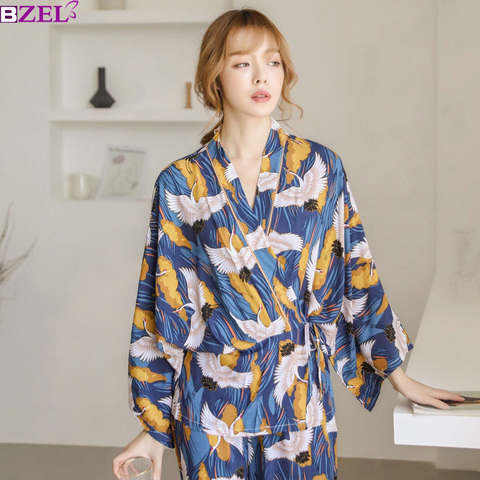 Pyjamas Sets Woman Full Elegant Home Wear Sleep Clothing Female Pajamas Suit Autumn crane Animal Print Japanese kimono straps ► Photo 1/6