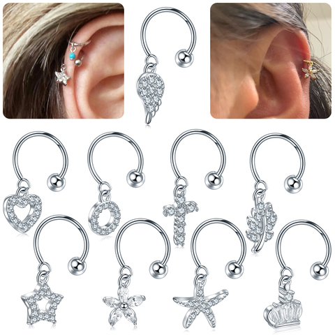 1PC Steel Dangle CZ Cartilage Hoop With Brass Crown Heart Pendant Rook Tragus Lobe Helix Lip Ear Piercings Gift Jewelry 20G ► Photo 1/6