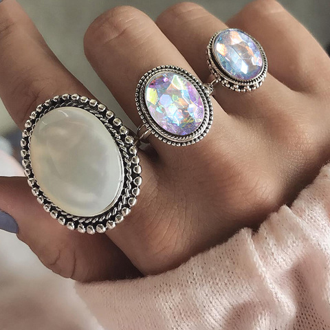 BOHO Big Opal Stone Colourful Midi Rings Set For Women New Design Retro Silver Color Vintage Finger Knuckle Ring Set Jewelry ► Photo 1/6