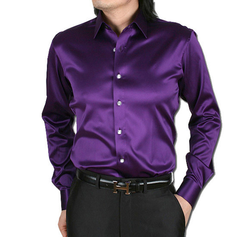 2022 Men's Luxury Silky Shirts Long Sleeve Fashion Loose Casual Silk Like Men Dress Shirt Plus size Wedding Party Stage Clothes ► Photo 1/6