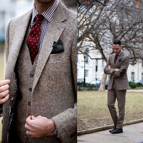 Vintage Winter Tweed Suits Brown Tweed Men Suits With Patch Design 3 Pieces Costume Homme Smart Business Formal Wedding Suits ► Photo 1/6