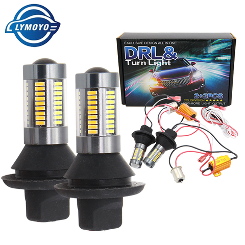 Dual Color 2pcs T20 7440 4014 66 SMD LED Bulbs DRL white turn yellow Turn Signal Light drl Error Free Canbus with Resistor 12v ► Photo 1/1