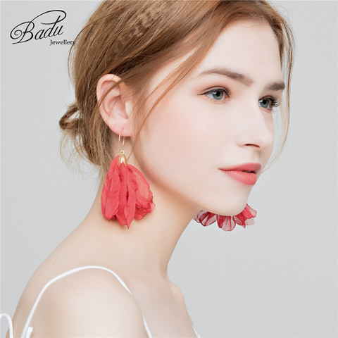 Badu Tulle Cloth Flower Earrings Round Circle Red pink color Bohemian Drop Earring for Holiday Party Jewelry Gift for Women ► Photo 1/6