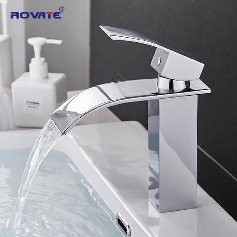 ROVATE Bathroom Basin Faucet Waterfall Deck Mounted Cold and Hot Water Mixer Tap Brass Chrome Vanity Vessel Sink Crane ► Photo 1/6