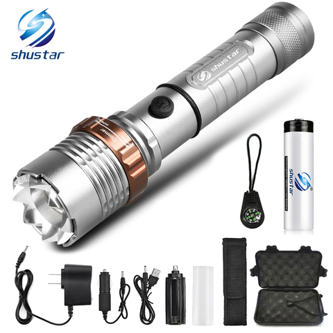 Powerful LED Flashlight With Attack head Self-defense Torch Support zoom 5 lighting modes Powered by 18650 battery with compass ► Photo 1/6