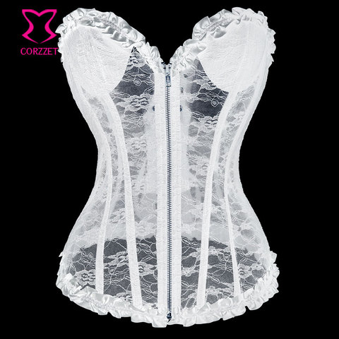 Embroidery Padded Cup White Lace Corset Sexy Gothic Bustier Top Bridal Corpetes Zipper Push Up Corsets Bustiers Wedding Lingerie ► Photo 1/6