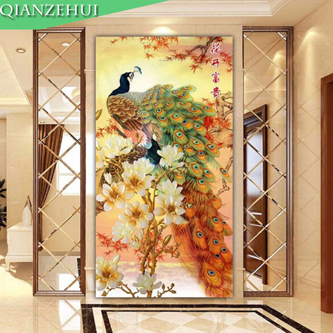 QIANZEHUI,Needlework,DIY blooming flower peacock Cross stitch ,The vertical version of magnolia silk series ,Wall Home Decro ► Photo 1/6