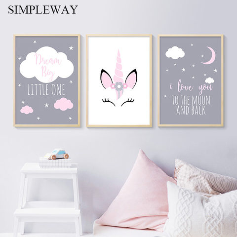 Unicorn Canvas Poster Baby Girl Nursery Quotes Wall Art Print Love You to the Moon Painting Nordic Kids Room Decoration Picture ► Photo 1/6
