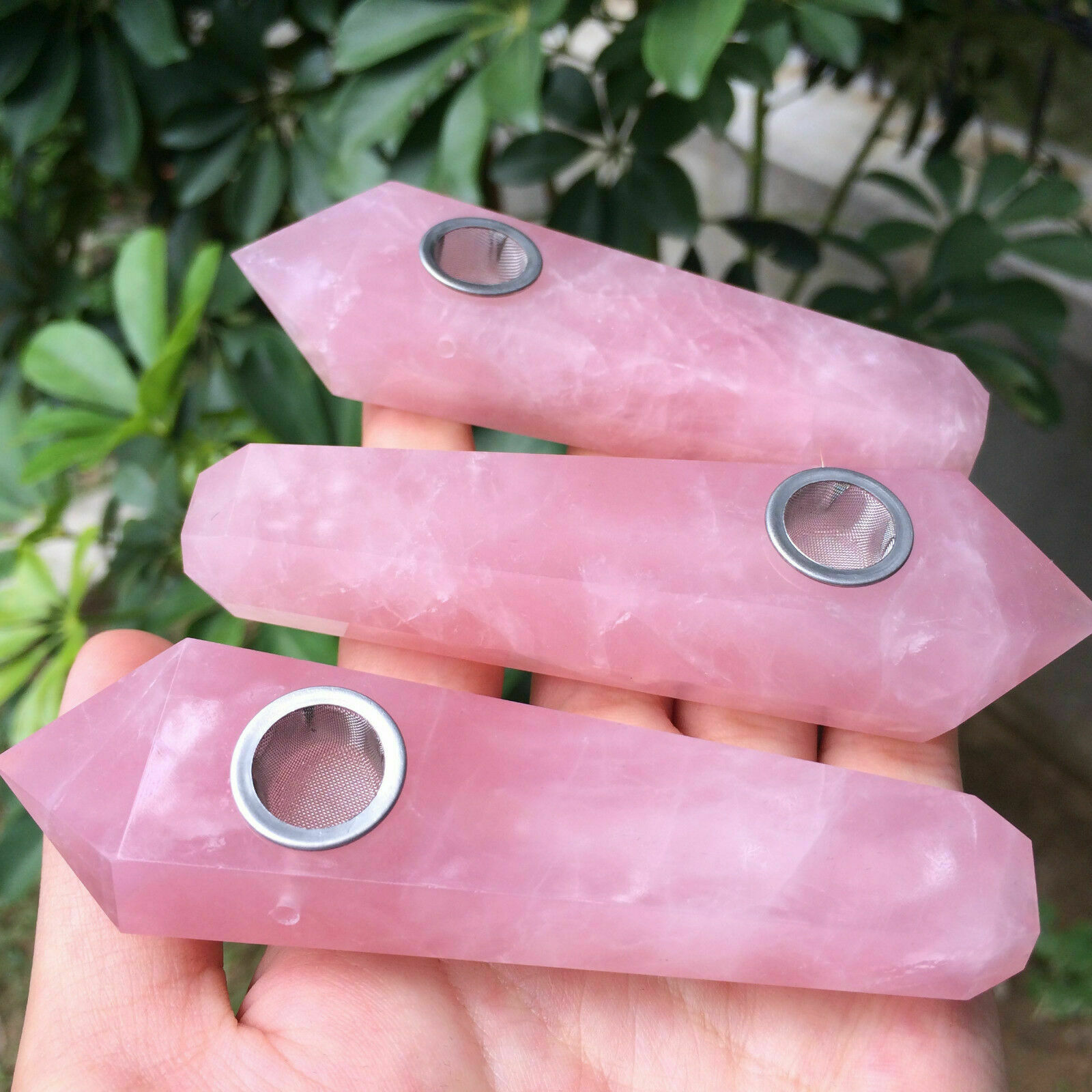 Natural Rose Quartz Crystal Pink Wand Smoking Pipe Healing 