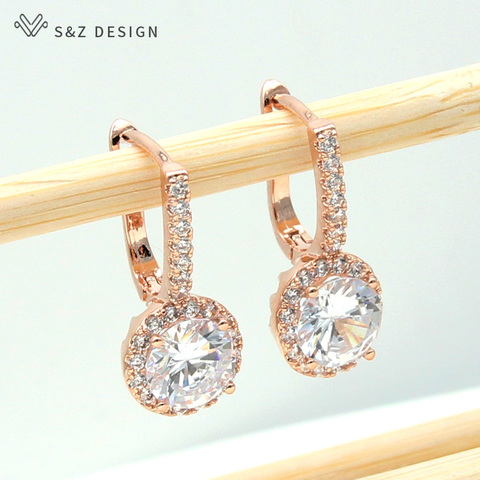 S&Z 585 Rose Gold Micro Wax Inlay Round Cubic Zirconia Dangle Earrings For Korea Women Girl's Wedding Luxury Party Jewelry Gift ► Photo 1/6